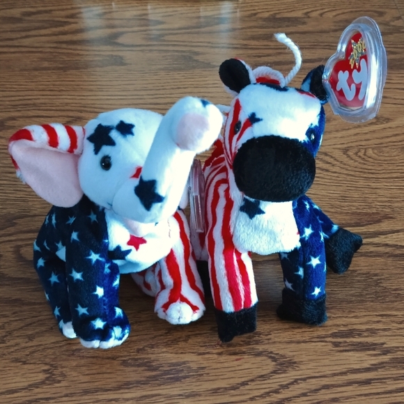 Ty Beanie Babies Leftie the Donkey & Righty the Elephant 2000 w/tag protectors